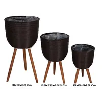 set 3 maceteros con patas trenzados color oscuro interiores o terraza 31x31x60 cm diseño elegante con interior forrado en plástico