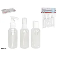 Set de tres botellas de viaje de plástico transparente de 80 ml con dosificador, spray y tapón de rosca, presentadas en bolsa con cierre.