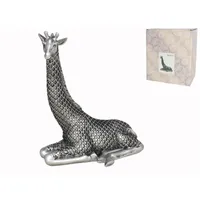 figura decorativa jirafa, jirafa plateada, decoración moderna, jirafa sentada, figura silver, decoración con animales, jirafa sculpture, figura elegante, decoración glam, figura metálica decorativa.