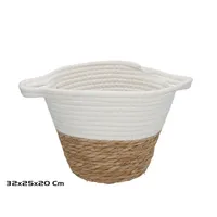 cesta organizadora 32x25x20 cm de fibra trenzada con asas y parte superior textil blanca, estilo natural, ideal para almacenaje en hogar y decoración