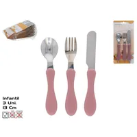 cubiertos infantiles 3 piezas, set cubertería niños rosa, cubiertos aprendizaje 13 cm, cuchara tenedor cuchillo infantil, cubiertos ergonómicos bebé

