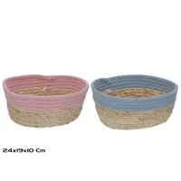 cesta organizadora 24x19x10 cm de fibra trenzada con borde rosa o azul, práctica y decorativa, ideal para ordenar pequeños objetos en cualquier espacio del hogar
