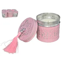 caja de aluminio, vela decorativa, vela aromática, caja con vela, regalo elegante, decoración con velas, caja rosa con borla, accesorio decorativo