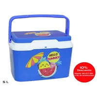 nevera portátil azul 5 litros con asa y diseño tropical, ligera y práctica, ideal para mantener frías bebidas y alimentos en la playa, campo o piscina