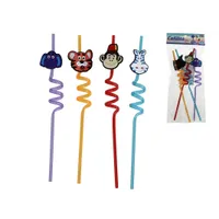 pack de 4 cañitas decoradas con animales, pajitas de plástico en espiral multicolor para fiestas infantiles, cumpleaños y celebraciones.