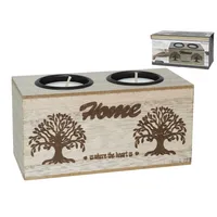 Portavelas de madera natural con grabado de árboles y texto Home, incluye dos velas pequeñas, medidas 14x6,5x7 cm.
