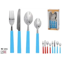 Set de 16 cubiertos de cocina Yolanda de 21,5 cm, compuesto por cuchillos, tenedores, cucharas soperas y cucharillas. Fabricados en acero inoxidable con mangos de plástico en colores rojo o azul. Ideales para el uso diario, picnics o campings. Diseño práctico y alegre que aporta color a la mesa.